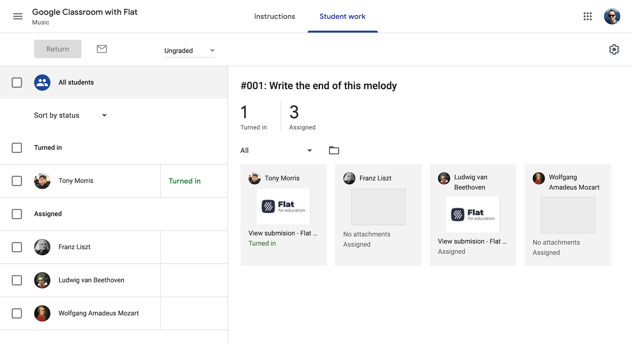 Submissions of a music notation assignment on Google Classroom