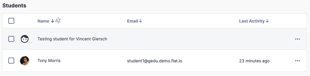 List of students with a test student account